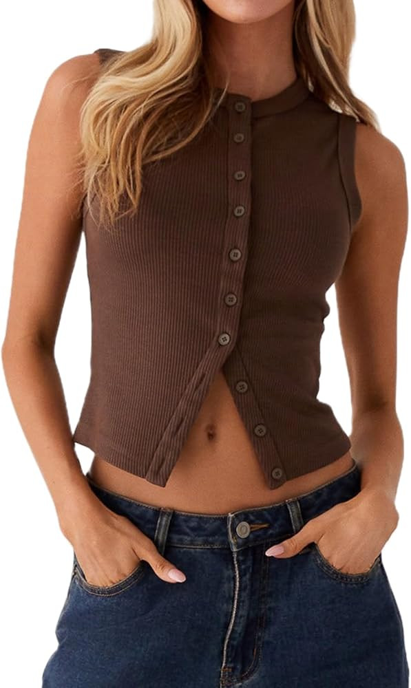 Women Y2k Ribbed Button Down Tank Top Open Front Sleeveless Crop Vest Slim Fit Crewneck Cardigan ... | Amazon (US)