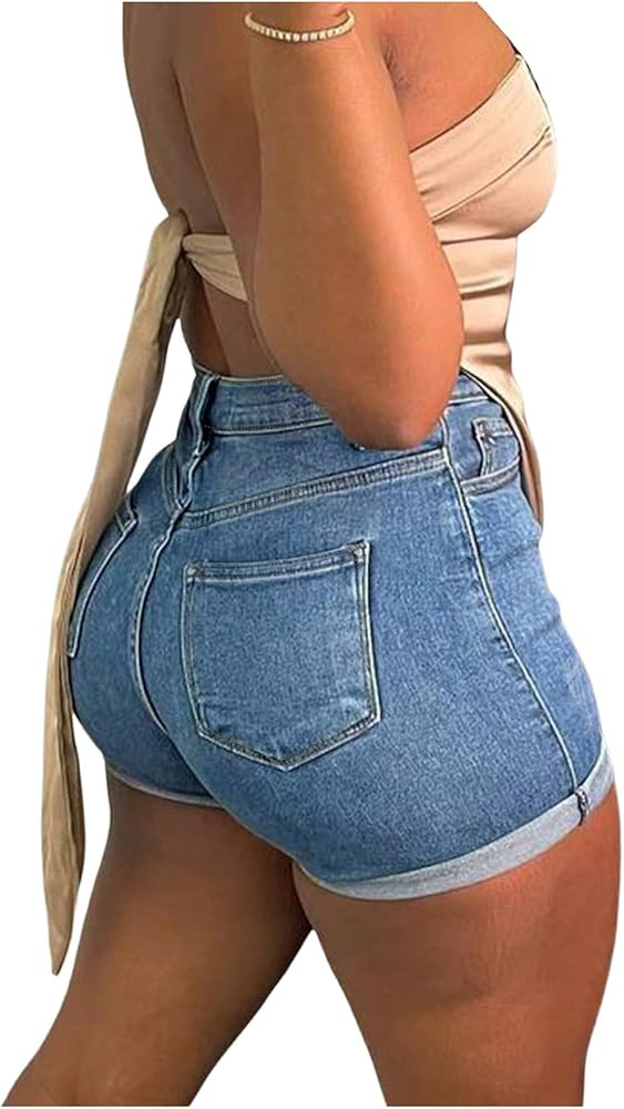 Verdusa Women's High Waisted Denim Shorts Roll Up Hem Straight Leg Stretchy Skinny Jean Shorts | Amazon (US)