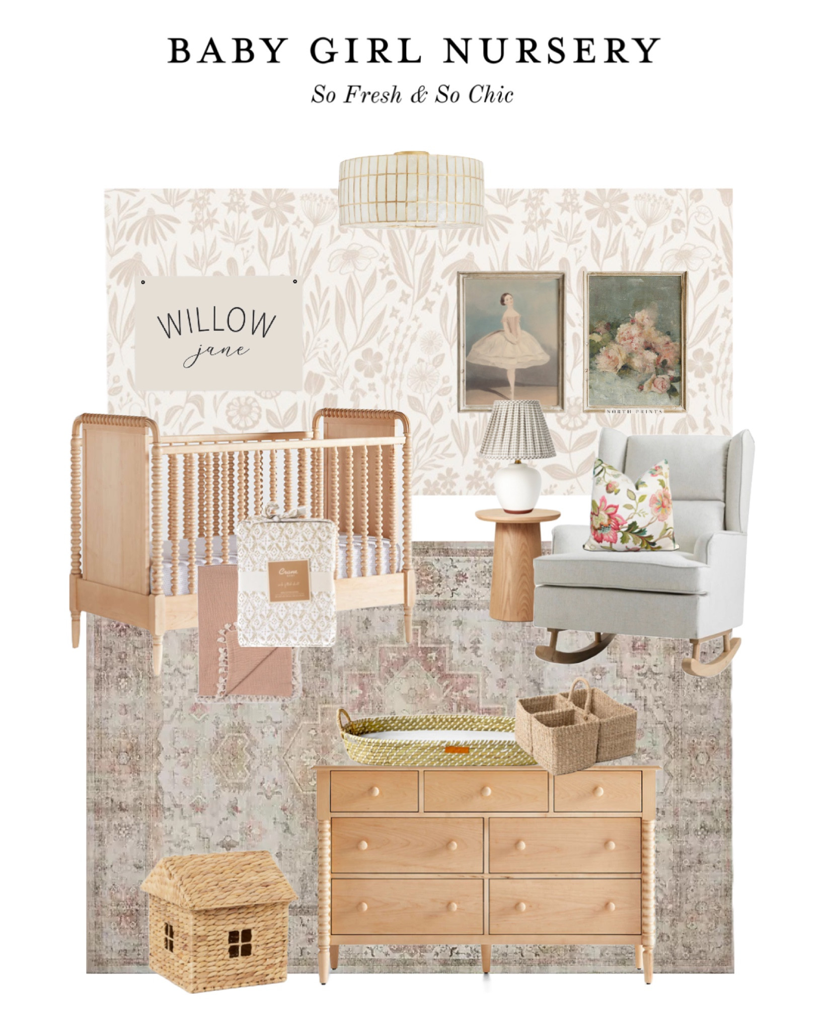 Lovely and serene baby girl nursery Moodboard!
-
Nursery decor - girl nursery furniture - neutral nursery - pastel nursery design - west elm - etsy - target - studio mcgee - threshold - H&M home - removable neutral wallpaper - neutral nursery rug - bedroom rug - living room rug - affordable printable art - Capiz shell pendant lighting - light wood crib - maple wood dresser - muslin throw blanket - neutral printed crib sheet - custom name flag - personalized nursery decor - vintage ballerina art - vintage floral art print - house shaped storage box for kids - toy storage - round wood pedestal accent table - gingham shade white table lamp #nurserydecor #girlnursery 

#LTKhome #LTKsalealert #LTKbaby