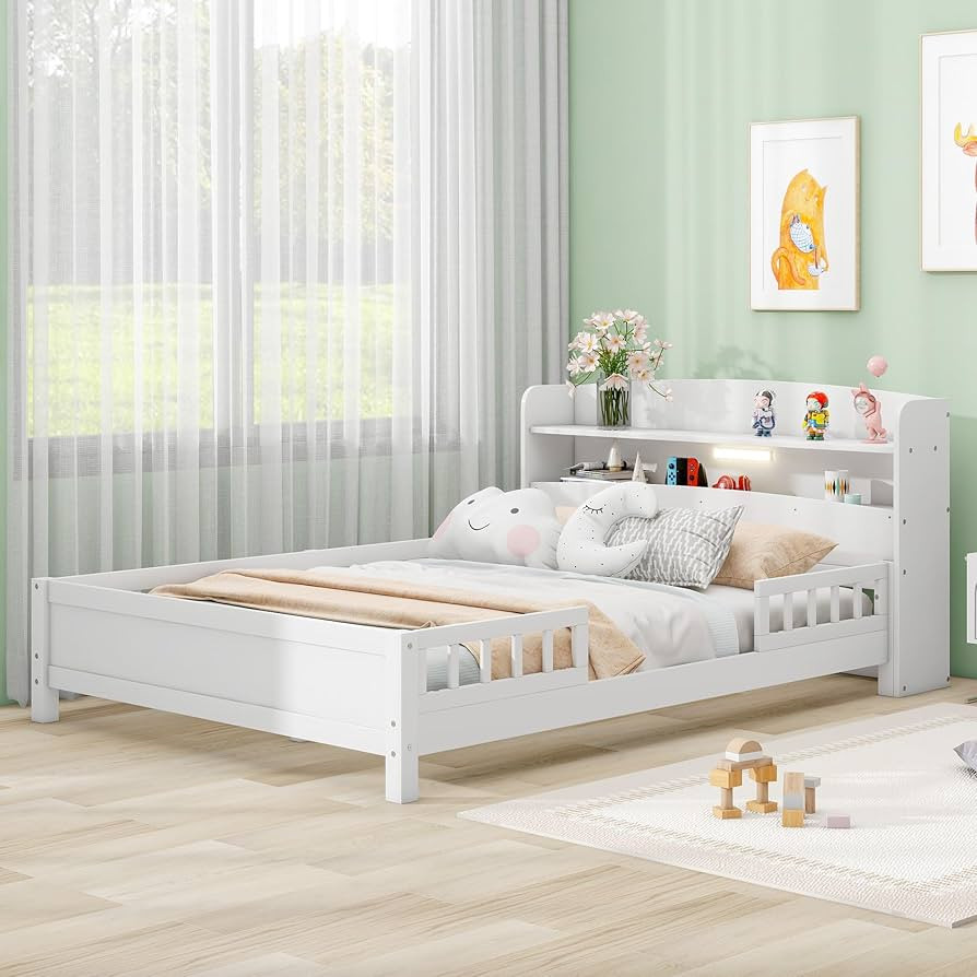 Full Bed Frame with Storage Headboard and Fence Rails, Wood Low Platform Beds with LED Light and ... | Amazon (US)