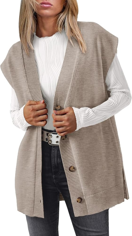 LILLUSORY Women V Neck Sweater Vest Oversized Long Cardigan Casual Vest Tops 2024 Trendy | Amazon (US)