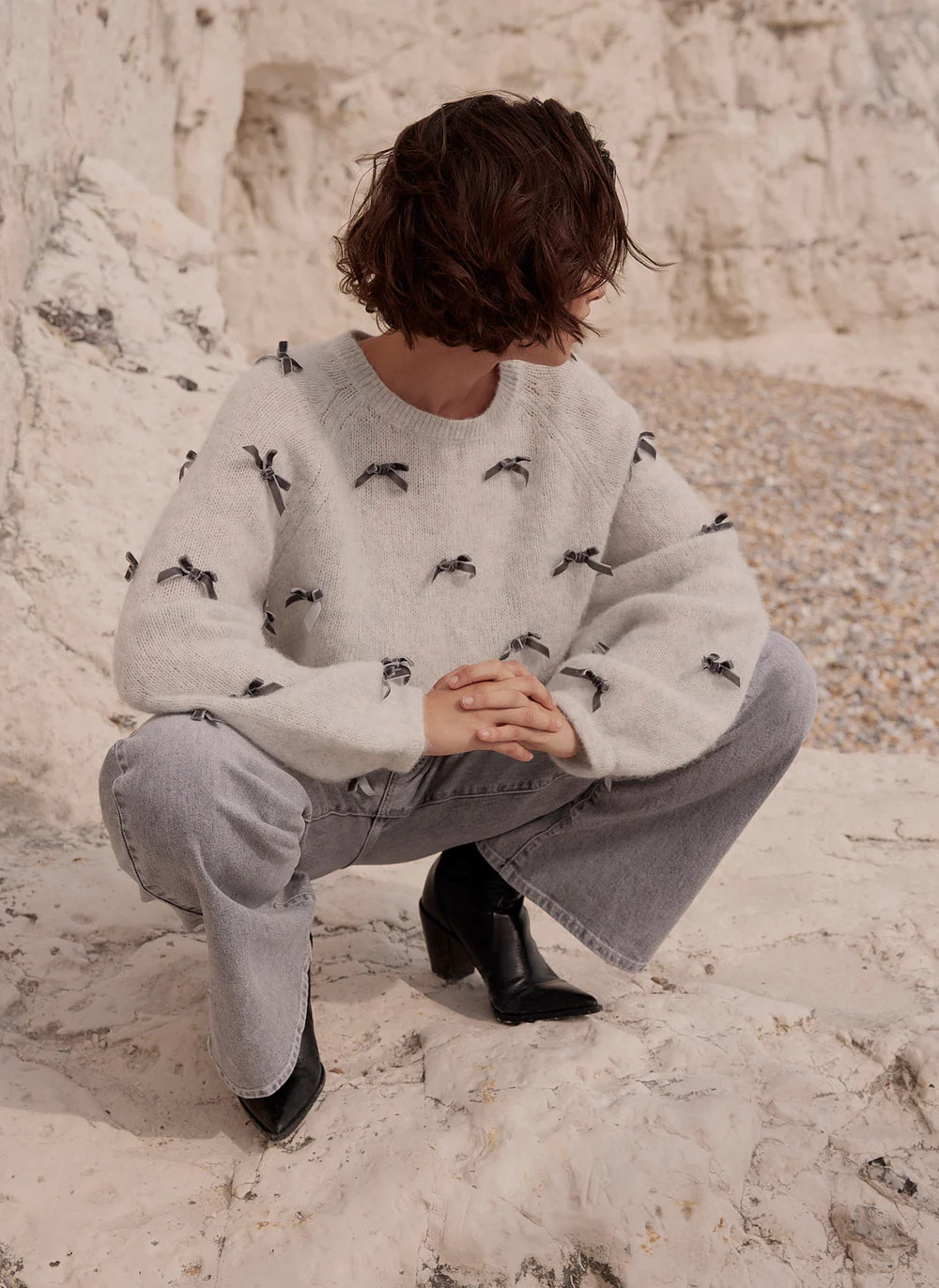 Grey Alpaca Blend Bow Detail Jumper | Mint Velvet