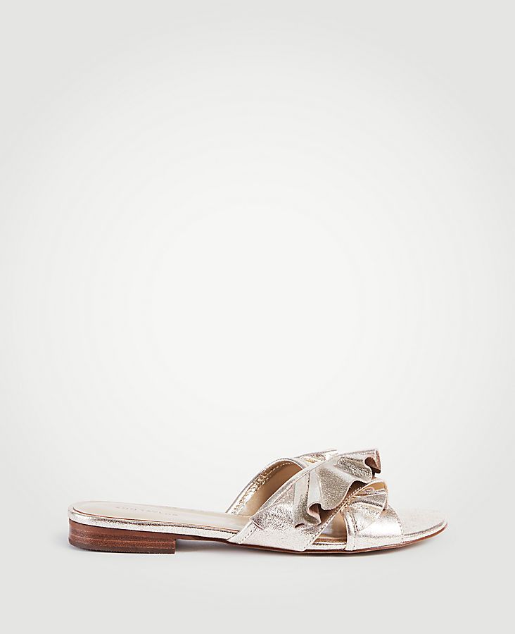 Krissy Metallic Leather Ruffle Slide Sandals | Ann Taylor (US)
