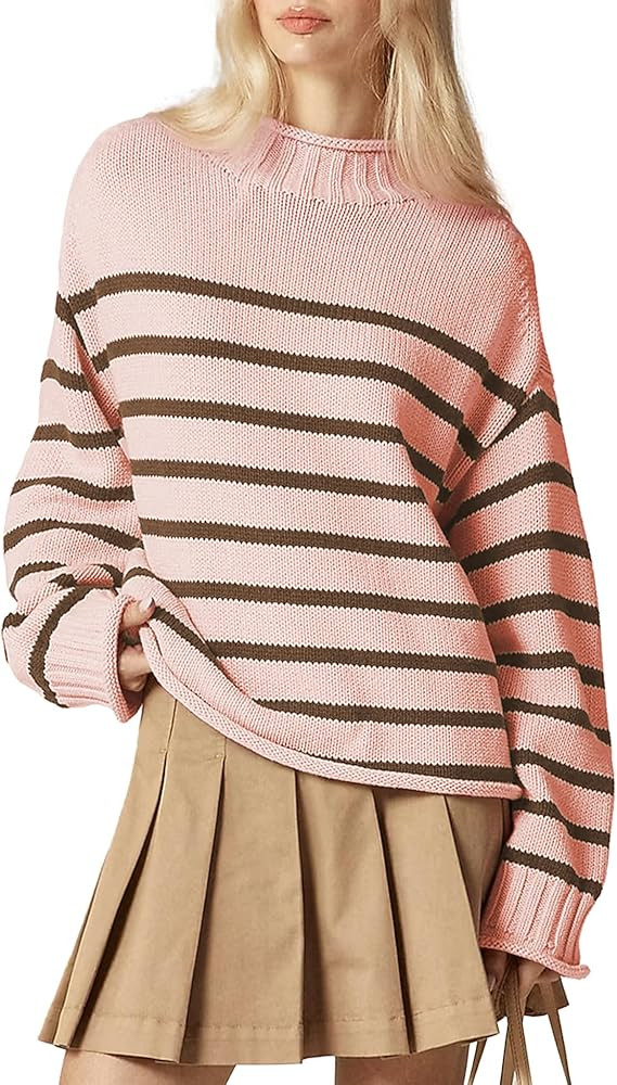 Oversized Sweaters for Women Roll High Neck Hem Long Sleeve Soft Chunky Cable Knit Striped Pullov... | Amazon (US)