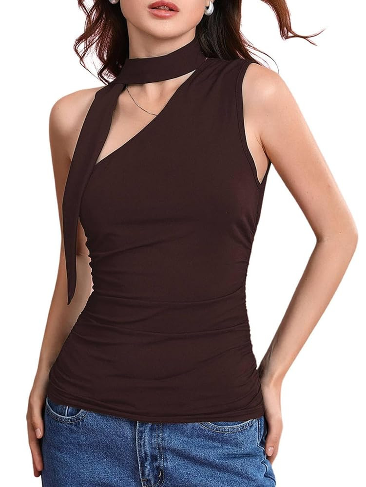 Milumia Women Y2K Going Out Club Rave Halter Scarf Top Shirt Ruched Sleeveless Off One Shouler Ta... | Amazon (US)