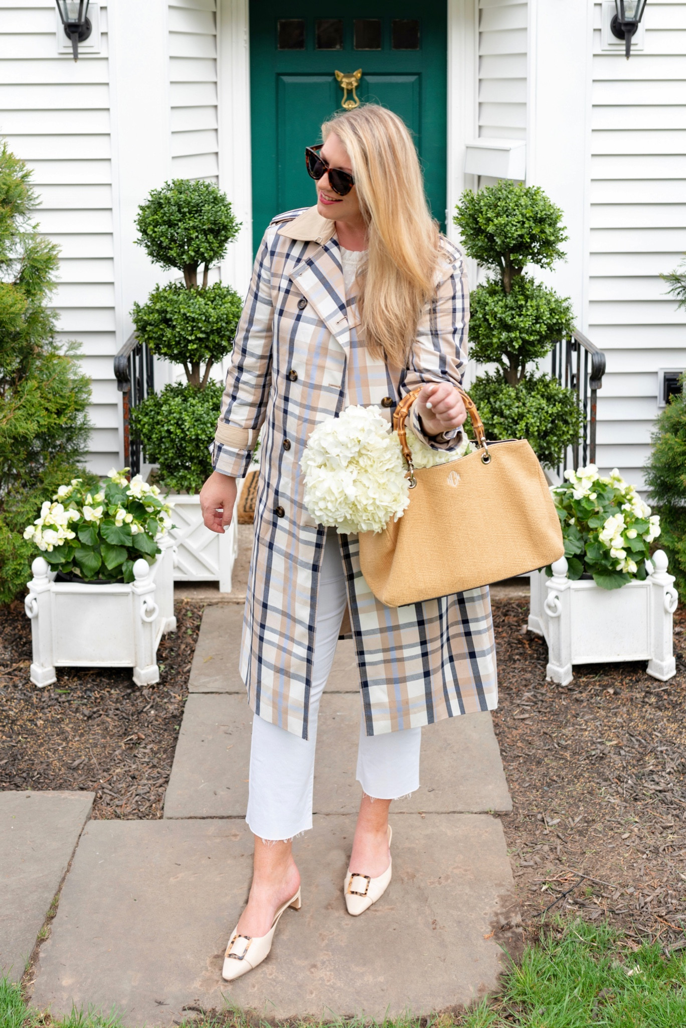 Weekend style that is perfect to take you from church to errands and then Sunday dinner with the fam ❤️ My spring trench coat is 50% off right now too!

trench coat, plaid trench coat, ann Taylor, raffia bag, spring outfit, white kick flare high waist ankle jeans, white ankle jeans, spring shoes, mark and Graham, boxwood topiaries, faux boxwood, planter boxers, tortoise sunglasses, spring  bag, spring home, front door

#LTKGiftGuide #LTKFind #LTKitbag