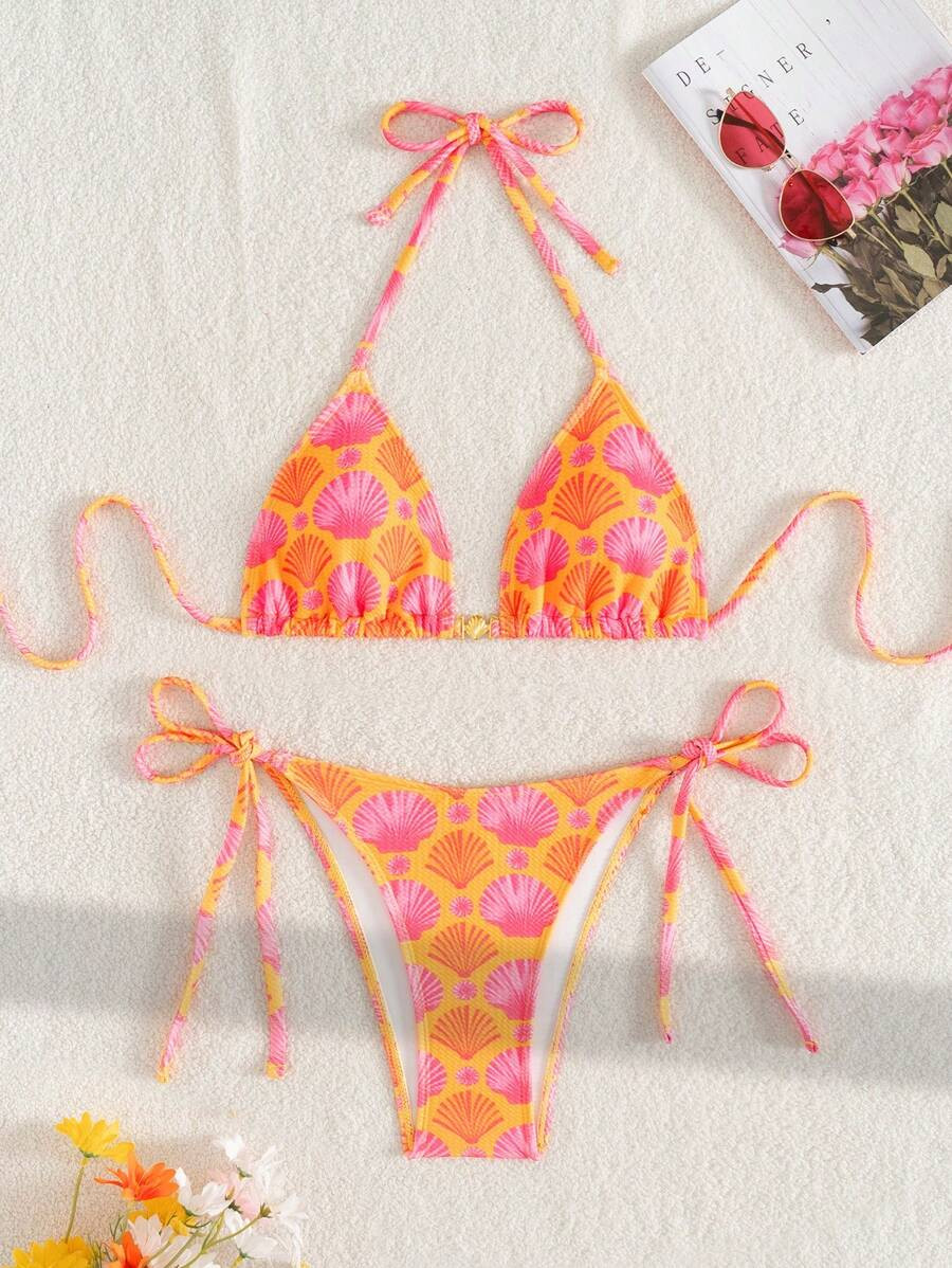 Swim Mod Women's Summer Beach Floral Print Random Textured Fabric Gold Shell Embellished Halter T... | SHEIN