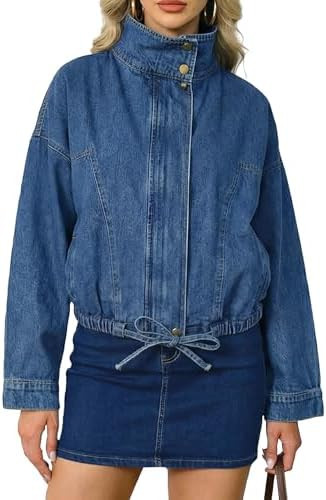 Women's Oversized Jean Jacket Boyfriend Denim Bomber Jackets Shacket Long Sleeve Casual Trendy Zi... | Amazon (US)