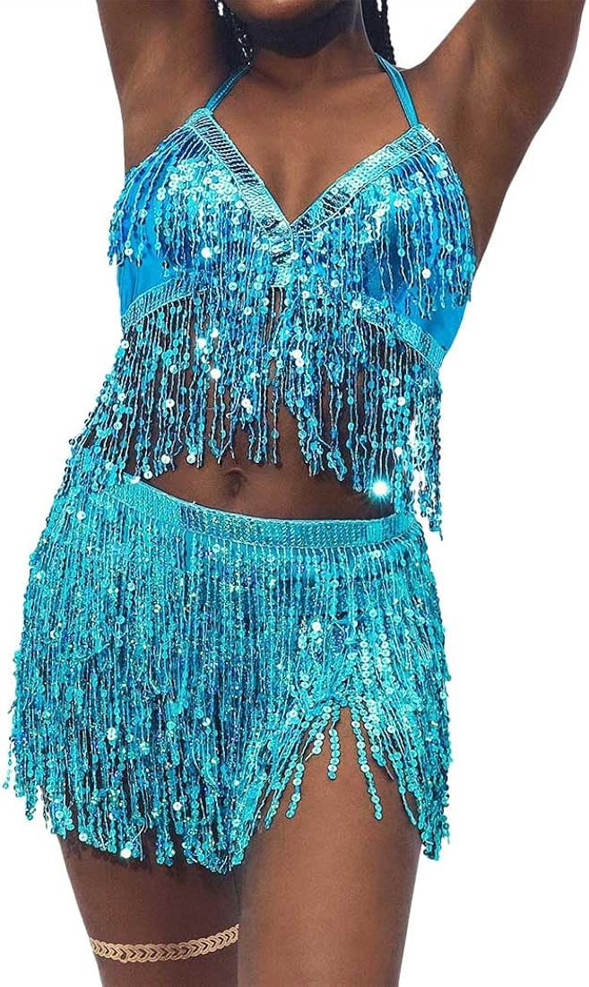 EARENT Belly Dance Hip Skirt with Bra Top Sequins Tassel Hip Scarf Rave Party Costume for Women | Amazon (US)