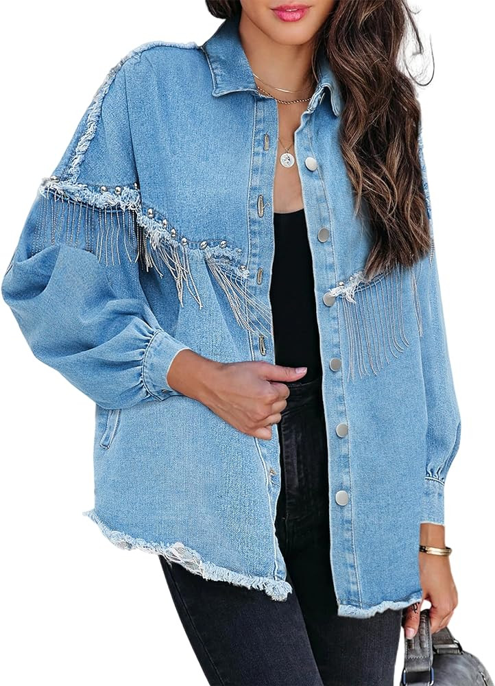 Daacee Oversized Fringe Denim Jacket for Women Frayed Sparkly Rhinesstone Jean Shacket Coats Cowg... | Amazon (US)