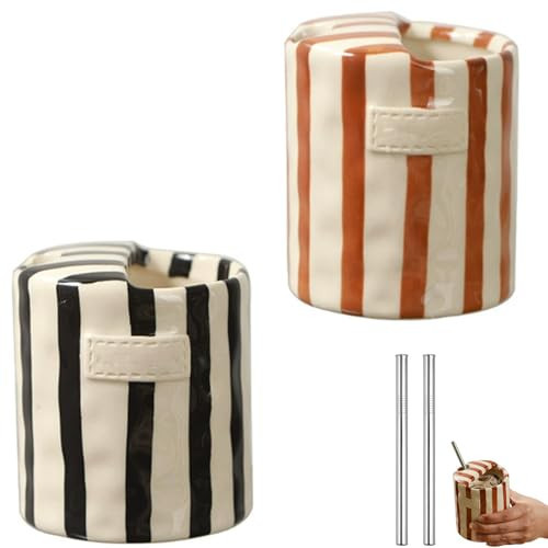 Retro Hand-Painted Striped Ceramic Coffee Cup with Sip Hole, 14oz Vintage Pottery Mug for Home, Office, Travel (Black +Yellow) | Amazon (US)