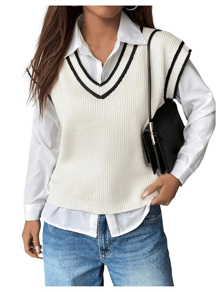 MakeMeChic Women's Sweater Vest Striped Trim V Neck Crochet Knit Sleeveless Pullover Vest Top | Amazon (US)