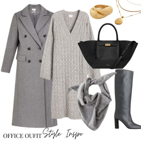 Winter work wear 

Knitted dress, grey tailored coat, knee boots 

#LTKworkwear