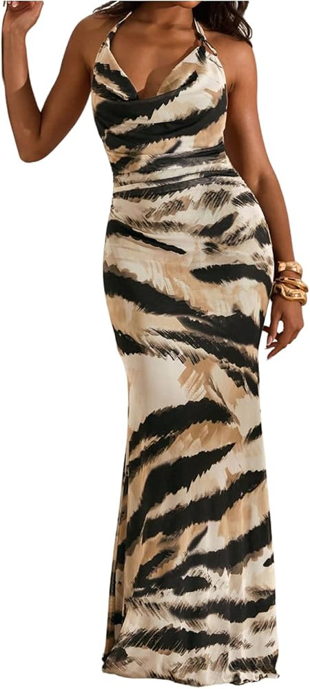 Floerns Women's Zebra Striped Halter Dress Sleeveless Fishtail Cowl Neck Date Night Maxi Dresses | Amazon (US)
