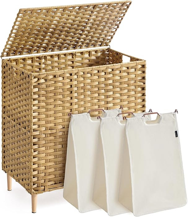 SONGMICS 3-Section Laundry Hamper with Lid, 42.2 Gal (160L) PE Rattan Laundry Basket with Removab... | Amazon (US)