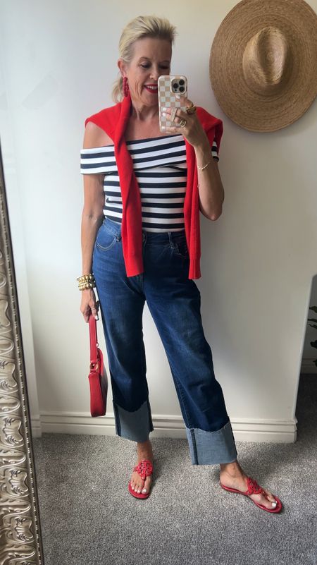 #ootd 4th of July inspo♥️🤍💙🇺🇸
But perfect for all summer long.

Stopped off the shoulder top Banana Republic factory (last year) linked similar
Fits tts 

Large cuff two button front jeans 
Amazon $39 
These come in and out of stock.. sells fast
Fits tts  great quality for the price✔️

Cashmere sweater fits tts

Tory Burch millers in red tts

Lisi lurch bracelets

Laudi Vindi custom bag real leather and so beautiful 

Amazon raffia ball earrings 

#summersandals 
#denim 
#summeroitfit 

#LTKFindsUnder50 #LTKVideo #LTKStyleTip