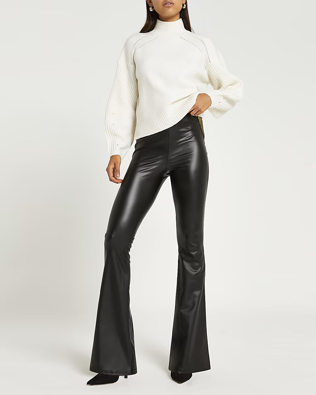 River Island Womens Black faux leather flared pants | River Island (US)