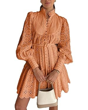 Aofur Summer Cotton V Neck Long Losse Sleeve Casual Party A-Line Dresses Embroidery Short Dress | Amazon (US)