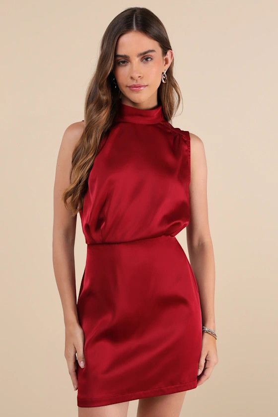 Classic Elegance Wine Red Satin Sleeveless Mock Neck Mini Dress | Lulus