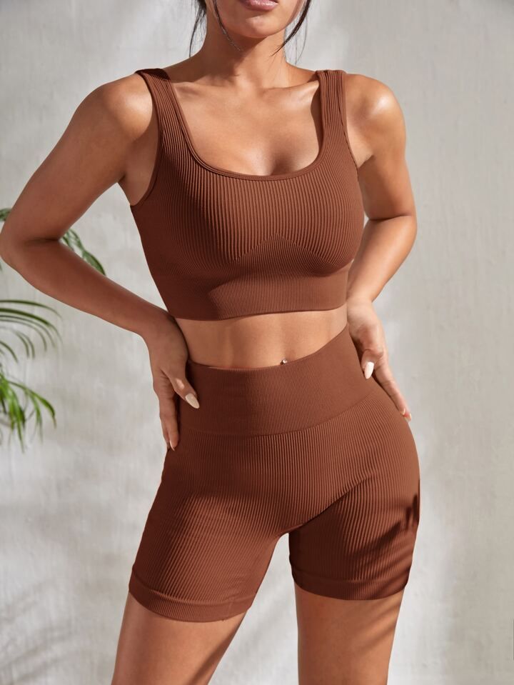 2pcs Seamless Yoga Set Sports Suit Ribbed Knit Tank Wide Waistband Tummy Control Shorts | SHEIN
