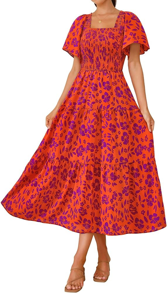BTFBM Summer Floral Dress for Women 2025 Spring Boho Short Sleeve Square Neck Smocked Flowy Maxi ... | Amazon (US)