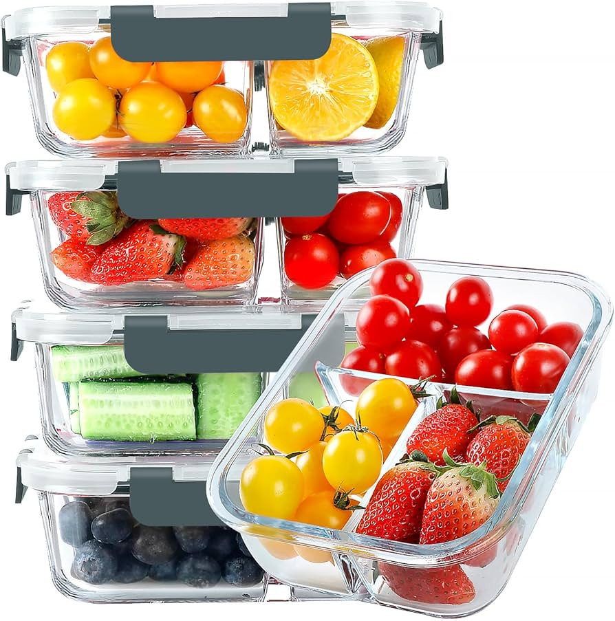 KOMUEE Glass Meal Prep Containers 3 Compartments, 5 Pack 36 oz, Glass Food Storage Containers wit... | Amazon (US)