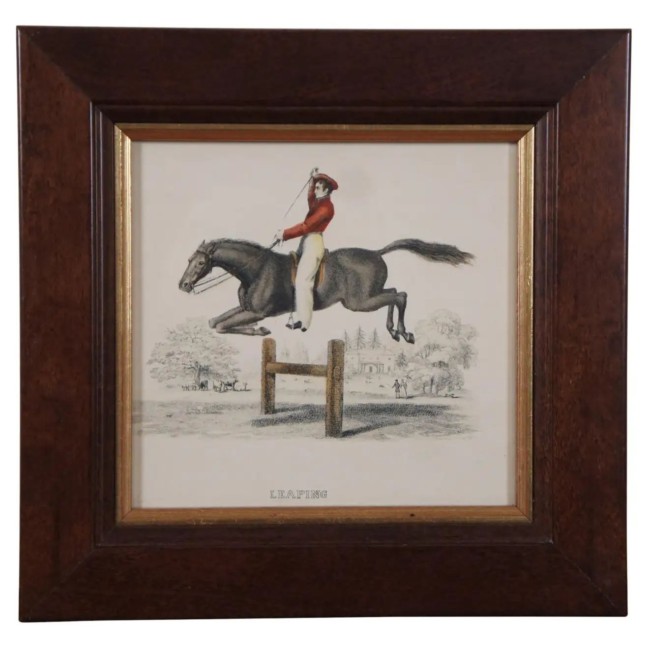 Antique 19th Century Hand Colored Leaping Equestrian Horse Jump Engraving 9" | 1stDibs