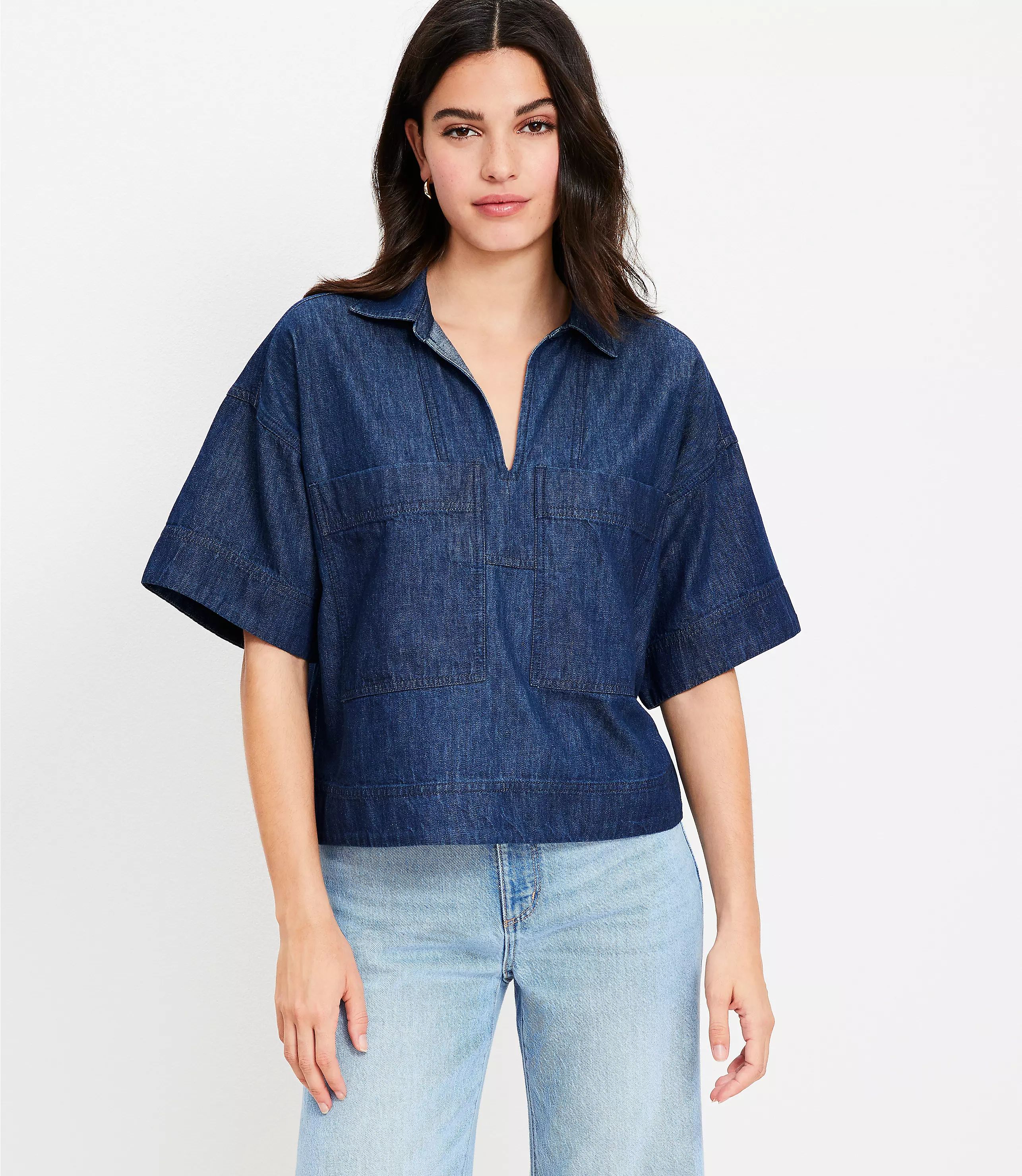 Chambray V-Neck Utility Blouse | LOFT