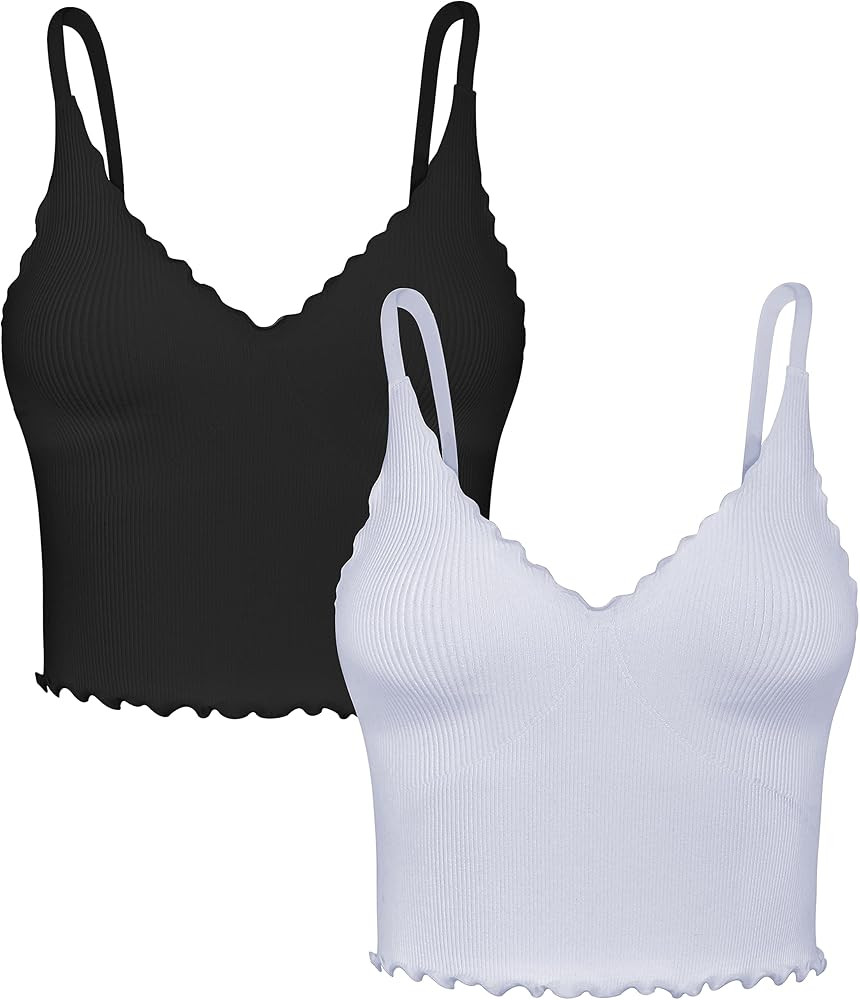 Sunzel Tank Top for Women, V Neck Seamless Ribbed Crop Camisole with Ruffles | Amazon (US)