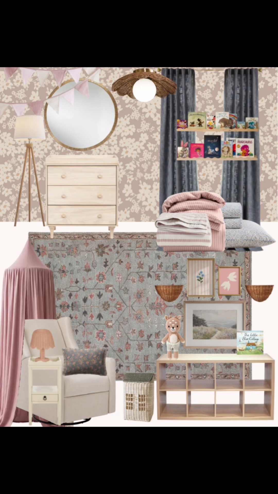 Storybook cottagecore nursery design 🤍🕊️
I designed this space around a few pieces my client already owned (the rattan house basket, IKEA Kallax unit, lamps, and dresser) and a children’s book that’s very special to her: The Little Blue Cottage. We pulled in soft blue accents, striped bedding, and white bird details as subtle nods to the story, while keeping everything cozy, calm, and timeless.
The goal was a nursery that feels warm and eclectic, but still light and soothing — layered with natural textures like rattan and wood, soft mauve florals, dusty blue tones, and vintage-inspired details. It’s the kind of room that grows with your child and still feels special years from now.
Perfect if you love: cottagecore nurseries, coastal nursery decor, storybook-inspired kids rooms, and neutral nurseries with soft color.
All items linked here 🤍

#LTKHome #LTKBaby #LTKBump