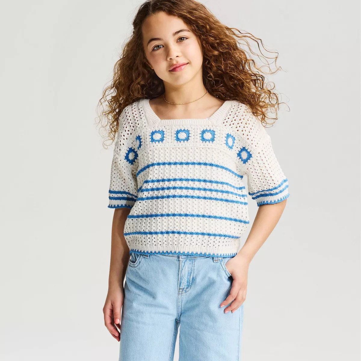 Girls' Short Sleeve Scalloped Striped Sweater - Cat & Jack™ Cream L | Target