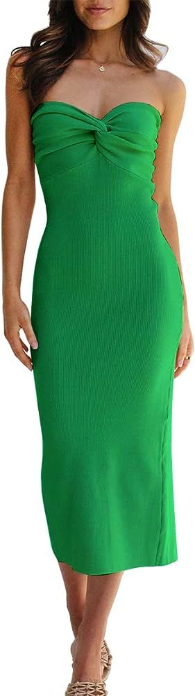 LILLUSORY Women's 2023 Knitted Dresses Sexy Twisted Front Strapless Midi Bodycon Dress with Back Sli | Amazon (US)