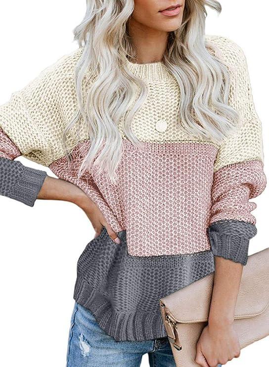 Lovezesent Womens Striped Color Block Sweater Long Sleeve Ribbed Knit Pullover Sweaters | Amazon (US)