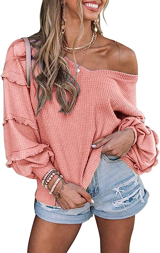 Simplee Womens V Neck Waffle Knit Henley Tops Tiered Ruffle Long Sleeve Off Shoulder Loose Fit Bl... | Amazon (US)