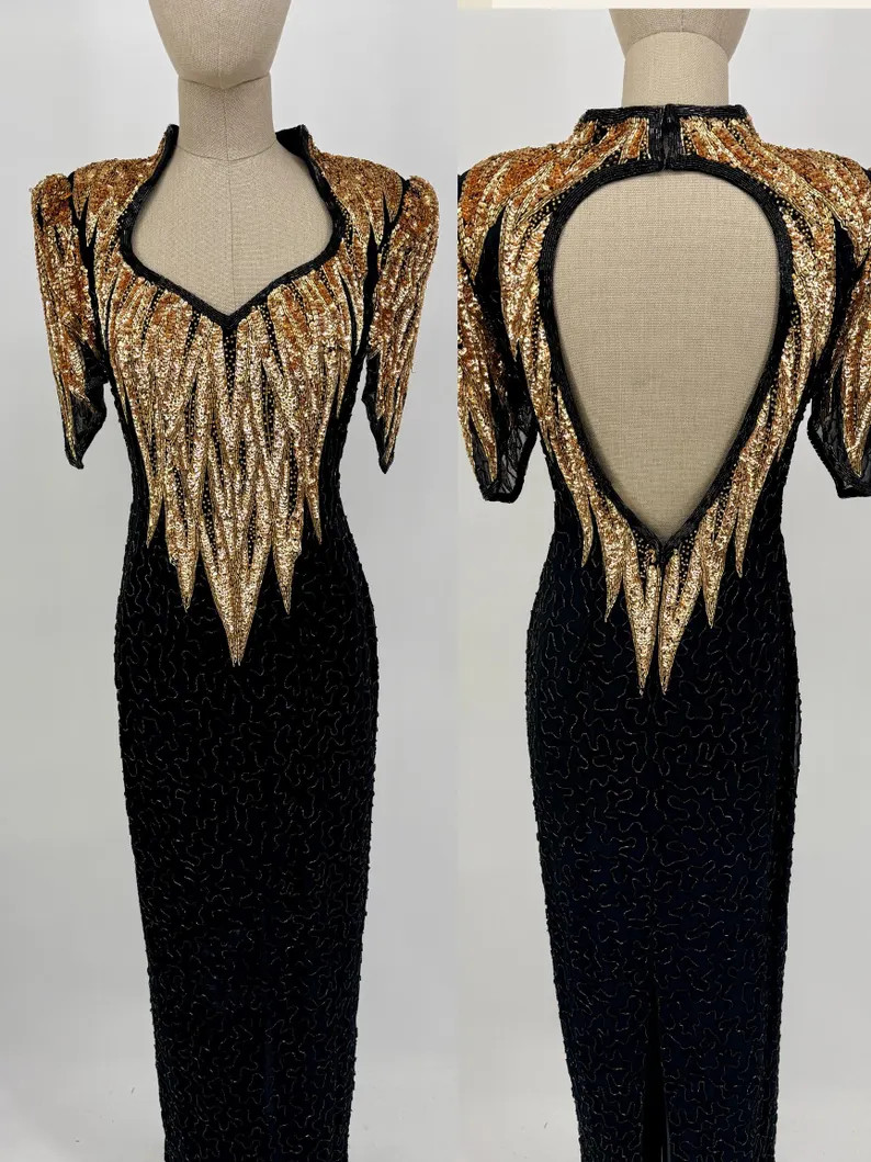 Sz 6//Vintage Power Glam Black & Gold Beaded Sequin Gown//Dramatic Open Back Statement Dress/NWT | Etsy (Global)