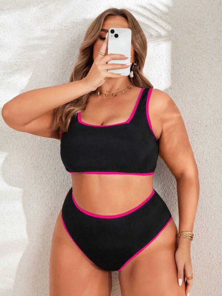 SHEIN Swim Curve 2pcs/Set Women Plus Size Contrast Color Trim Split Sporty Casual Holiday Bikini ... | SHEIN