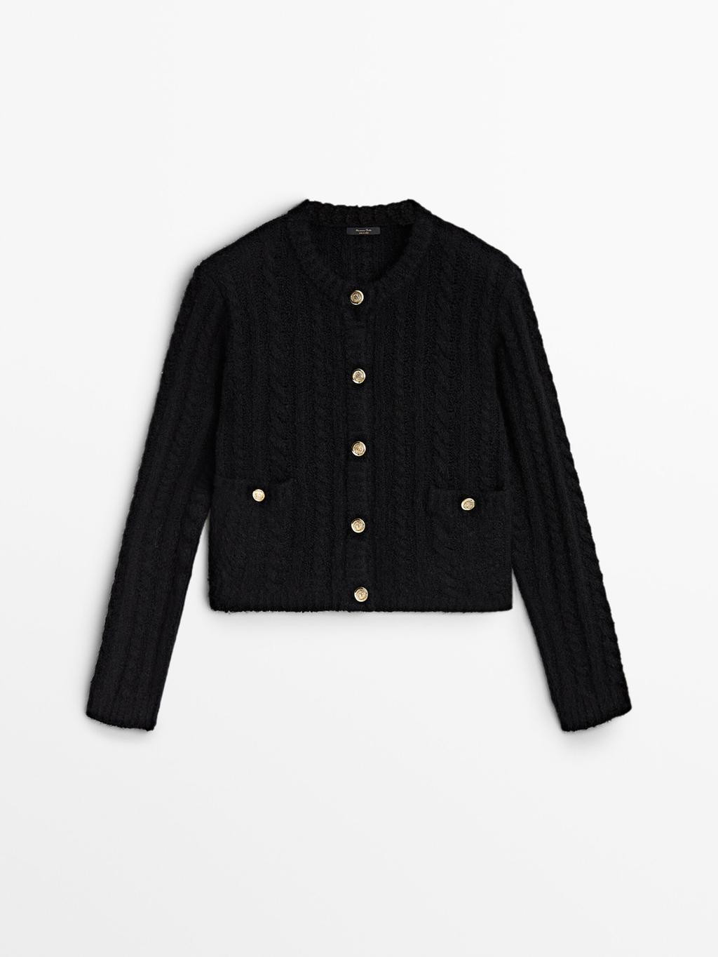 Bouclé woven knit mini cardigan with pockets | Massimo Dutti UK