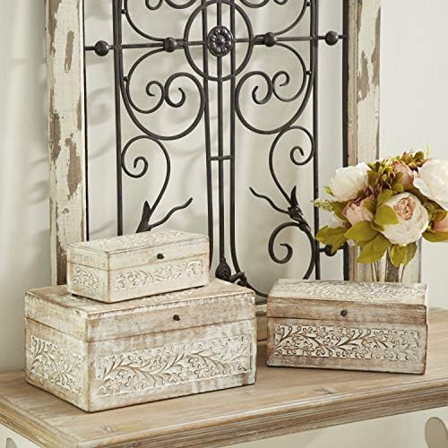 Deco 79 30985 Natural Rectangular 8"/10"/12" Carved Design Wooden Boxes With Lid (Set Of 3), Brown/W | Amazon (US)