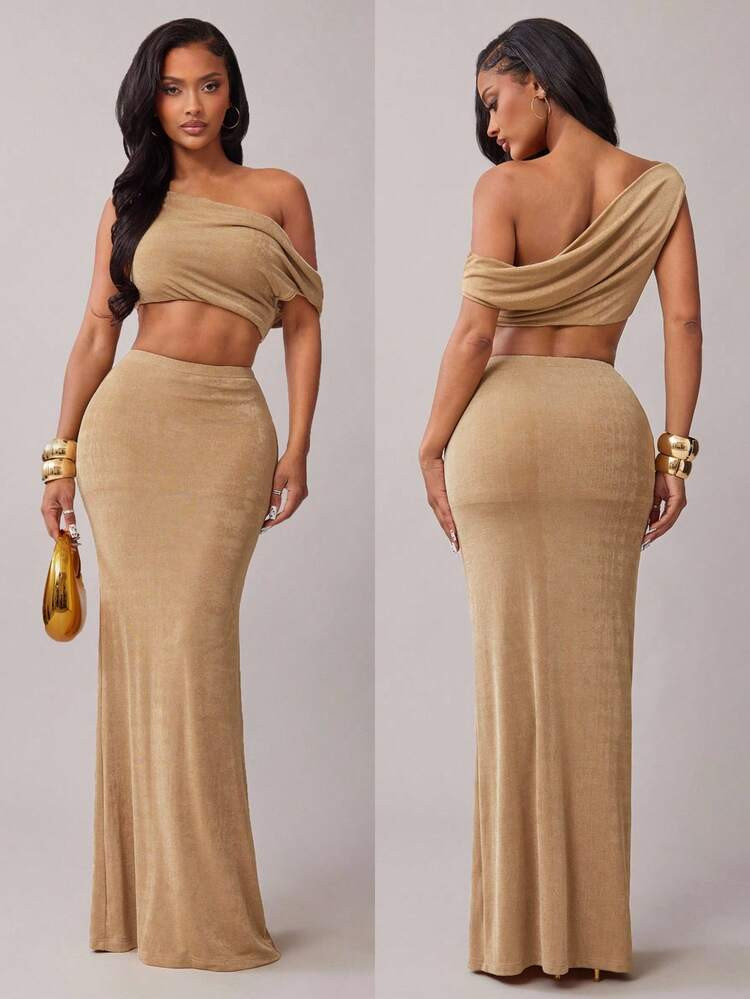 Radiana Women's Sexy Casual Elegant Apricot Fitted 2-Piece Set: Asymmetric Off-Shoulder Crop Top And Ruffle Waist Fishtail Skirt, Formal Dress Suit For Dates, Gatherings, Birthdays, Parties, Holidays, And Formal Occasions;Suitable For Dates, Gatherings, Parties, Clubs, Nights Out, Christmas, New Year, Banquets, Balls, Festivals,Party,Gala Night | SHEIN