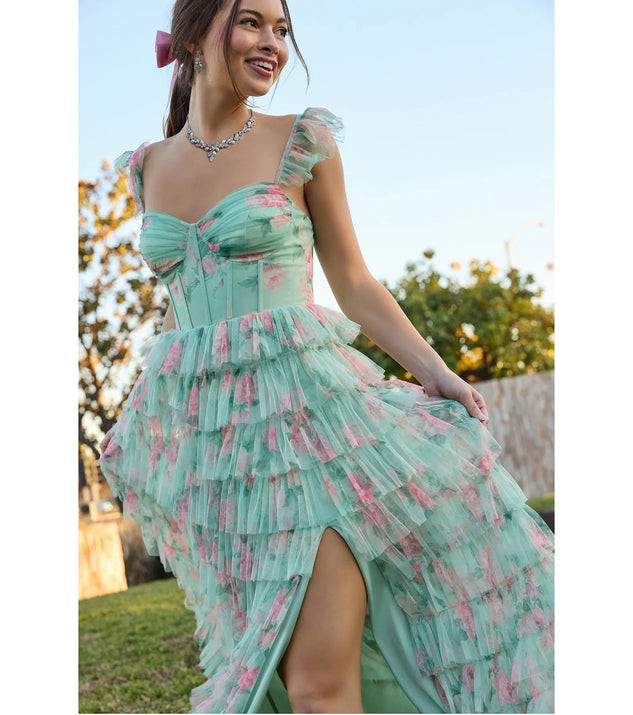Reyna Corset Slit A-Line Floral Formal Dress | Windsor Stores