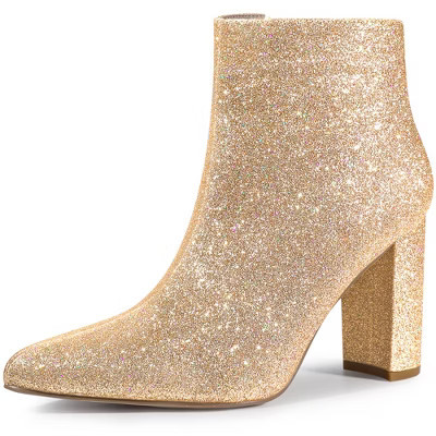 Perphy Women's Glitter Sparkly Pointed Toe Zipper Chunky Heels Ankle Booties 8 Gold | Target
