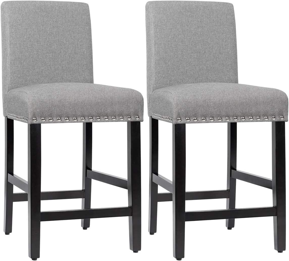COSTWAY Bar Stools Set of 2, Upholstered Counter Height Bar Stools w/Rubber Wood Legs, Breathable... | Amazon (US)