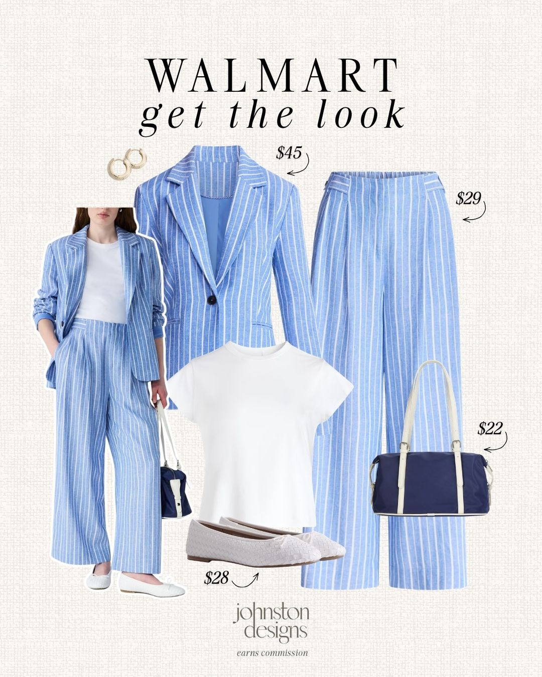 Walmart get the look with easy blue stripes, classic basics and polished everyday pieces. 🩵

Walmart style, get the look, blue stripe blazer, striped pants, white tee, woven flats, navy bag, gold earrings, work outfit, casual chic, spring style, summer outfit, affordable fashion, classic wardrobe, polished basics 

 #LTKootd #LTKSeasonal #LTKWorkwear