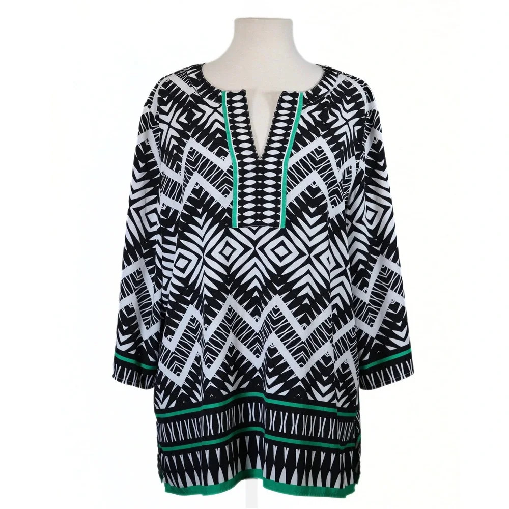 Chico's Tunic Top\u200e Womens 3 Black White Green Geometric Print 3/4 Sleeve Casual | Poshmark