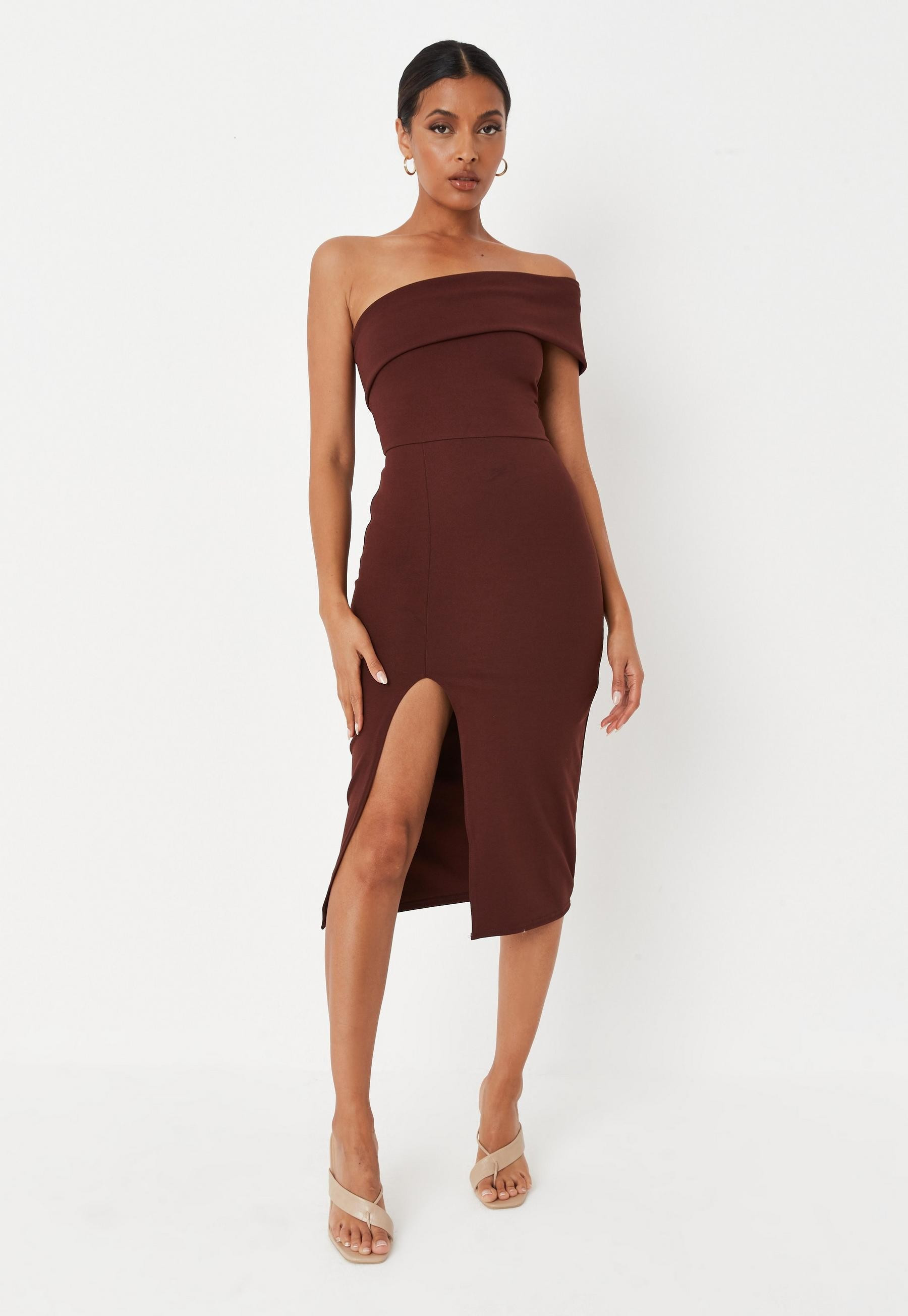 Missguided - Chocolate One Shoulder Split Hem Midi Dress | Missguided (US & CA)