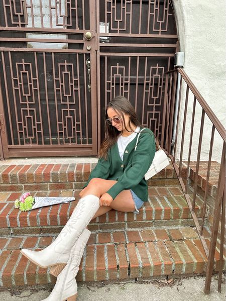 spring outfits, spring outfits 2024, spring outfits amazon, spring fashion, february outfit, casual spring outfits, spring outfit ideas, cute spring outfits, cute casual outfit, cowboy boots, cowboy boots outfit, white cowboy boots, white cowboy boots outfit, tall cowboy boots, green cardigan