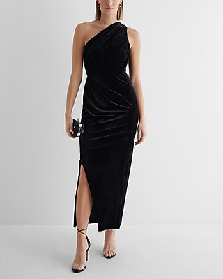 Velvet One Shoulder Ruched Maxi Dress | Express