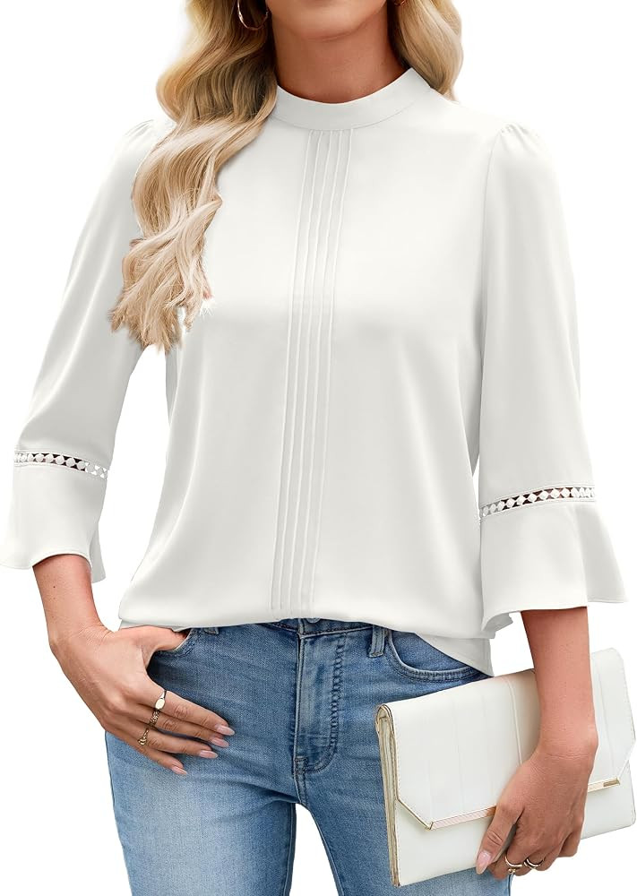 Funlingo Women's 3/4 Sleeve Tops Dressy Casual Mock Neck Tunic Shirt Business Office Work Blouses... | Amazon (US)