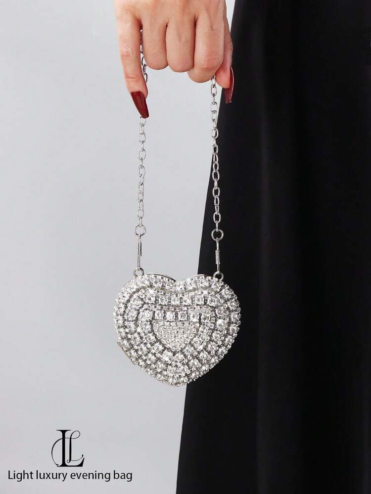 Vintage Rhinestone Encrusted Glitter Mini Heart Shaped Makeup Bag, Elegant Lady Clutch Purse For Evening Party, Wedding, Birthday, Gift - Suitable For Outfit Matching, Crossbody Bag, Coin Purse, Chain Bag, Handbag | SHEIN