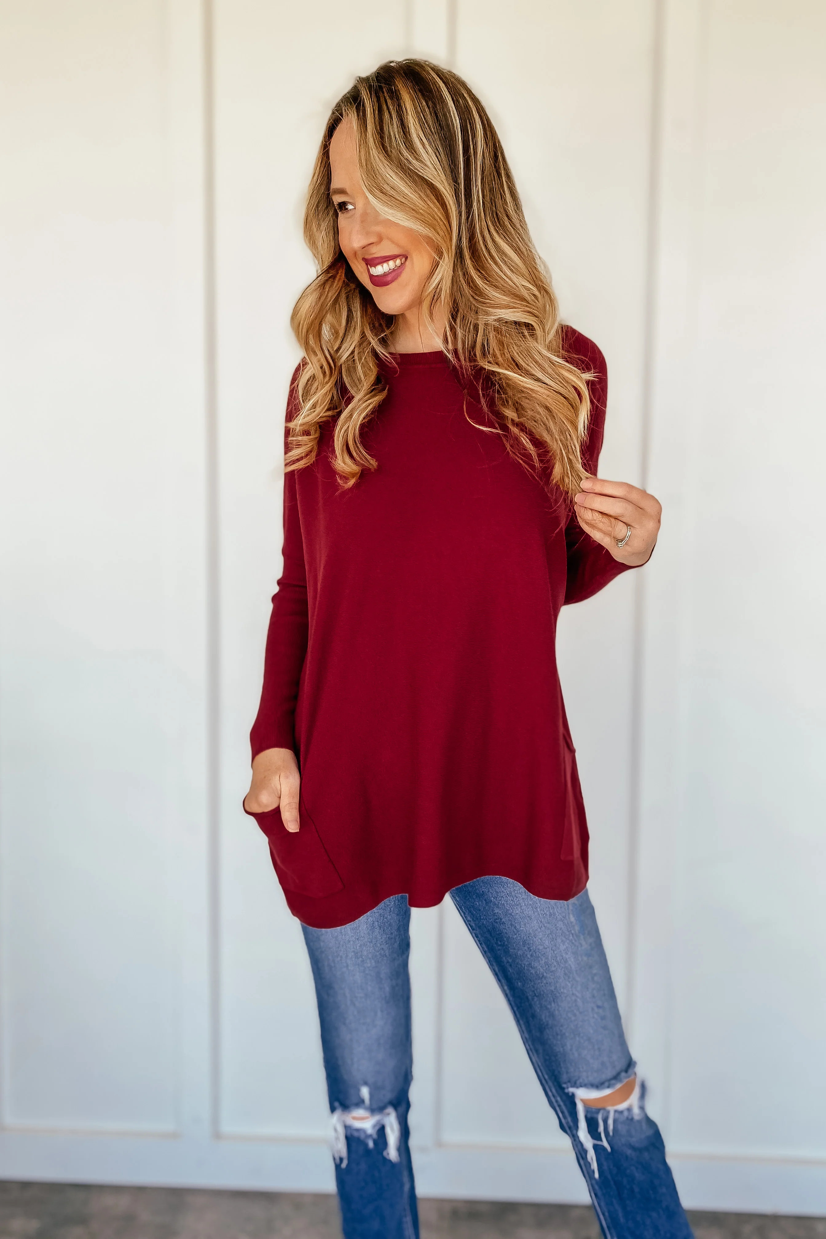 Oversized Pocketed Sweater in Red | LURE Boutique